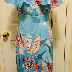 Adriana Papell Floral Blue Ruffle Dress